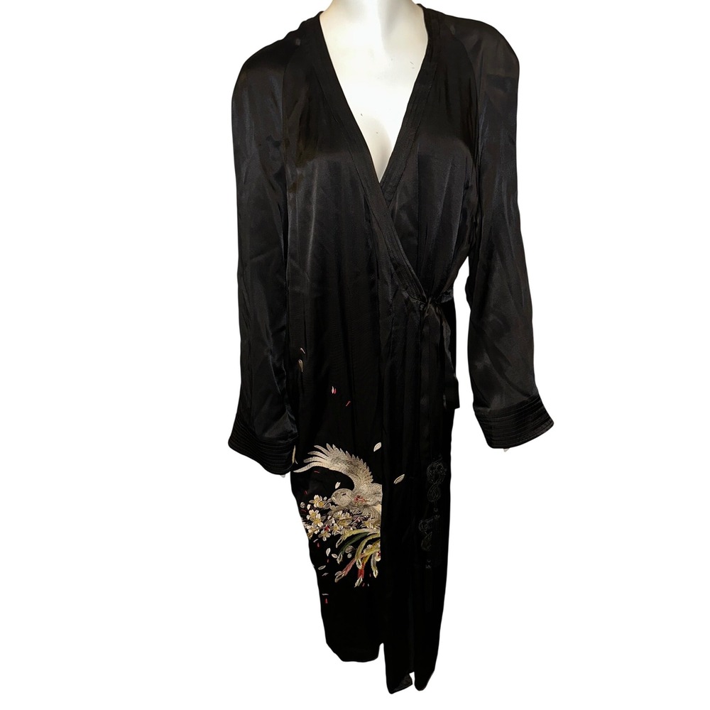 Zara Kimono Dress Black Satin With Phoenix Bird Embroidered Kaftan‎ Medium NWOT